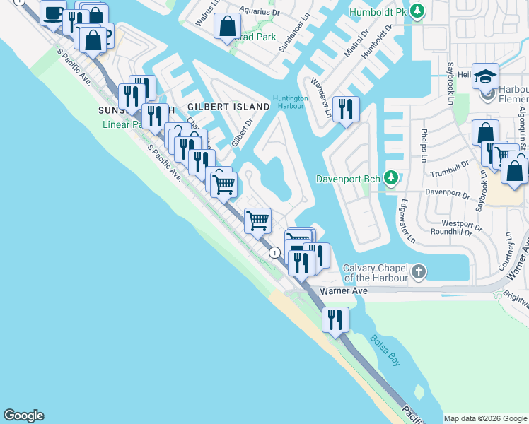 map of restaurants, bars, coffee shops, grocery stores, and more near 16932 Pacific Coast Highway in Huntington Beach