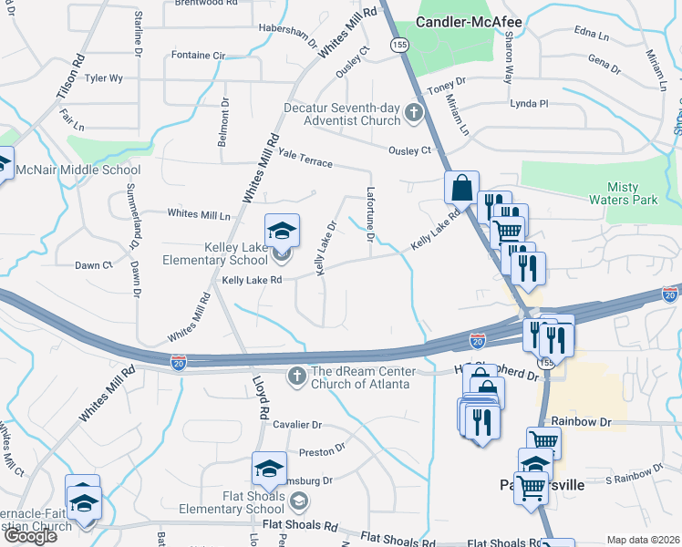map of restaurants, bars, coffee shops, grocery stores, and more near 2645 Kelly Lake Road in Decatur