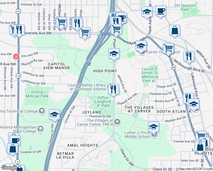 map of restaurants, bars, coffee shops, grocery stores, and more near 110 Bowen Circle Southwest in Atlanta