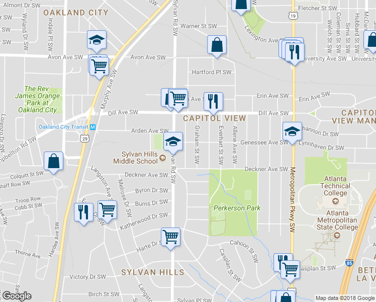 map of restaurants, bars, coffee shops, grocery stores, and more near 1440 Hartford Avenue Southwest in Atlanta