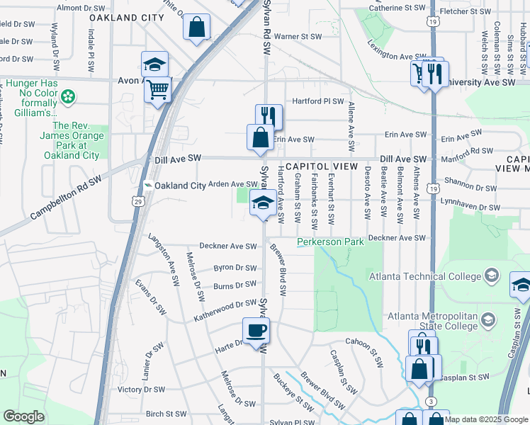 map of restaurants, bars, coffee shops, grocery stores, and more near 1461 Sylvan Road Southwest in Atlanta