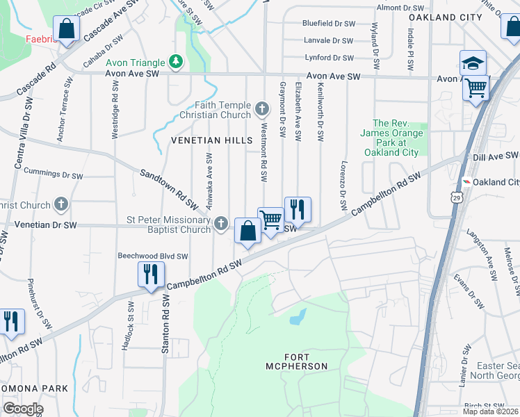 map of restaurants, bars, coffee shops, grocery stores, and more near 1441 Westmont Road Southwest in Atlanta