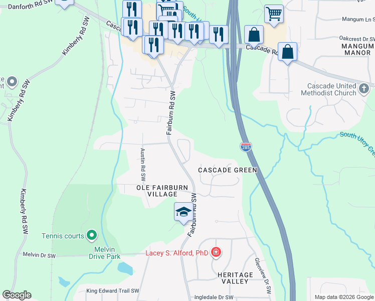 map of restaurants, bars, coffee shops, grocery stores, and more near 6300 Suttles Drive Southwest in Atlanta