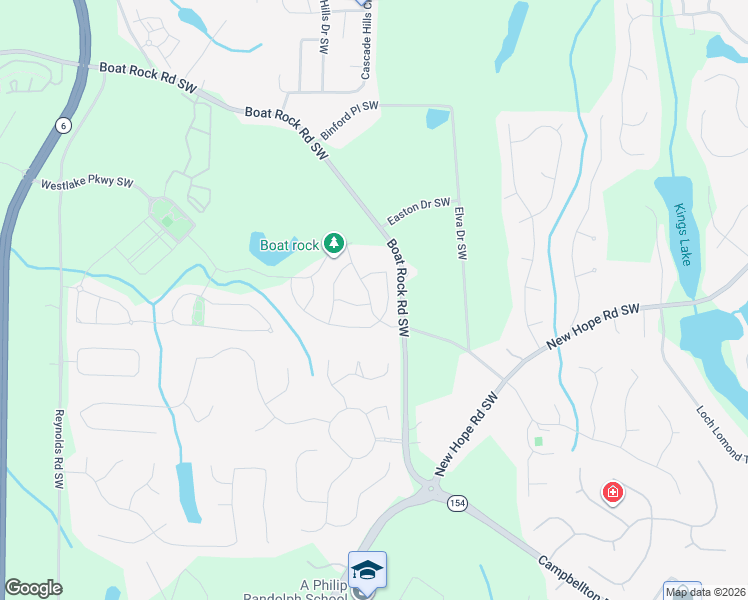 map of restaurants, bars, coffee shops, grocery stores, and more near 5255 Lakerock Way Southwest in Atlanta