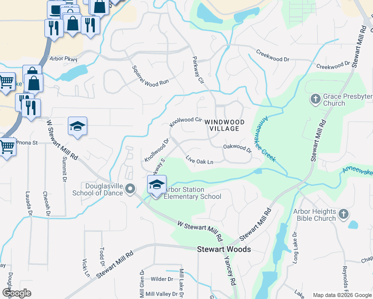 map of restaurants, bars, coffee shops, grocery stores, and more near 9897 Live Oak Court in Douglasville