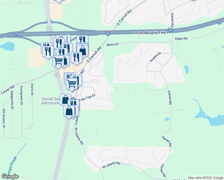 map of restaurants, bars, coffee shops, grocery stores, and more near 733 Great Oak Place in Villa Rica