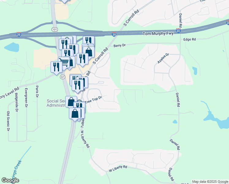 map of restaurants, bars, coffee shops, grocery stores, and more near 708 Great Oak Place in Villa Rica