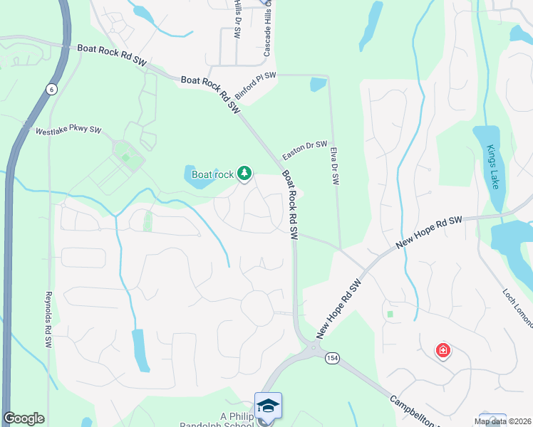 map of restaurants, bars, coffee shops, grocery stores, and more near 5255 Lakerock Way Southwest in Atlanta