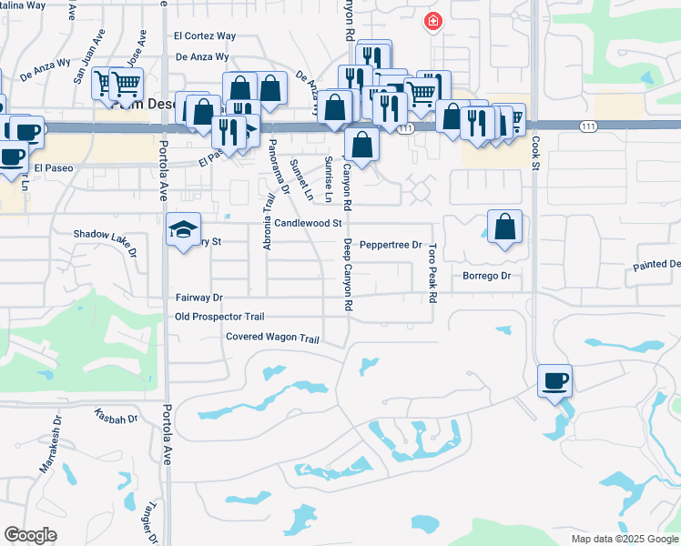 map of restaurants, bars, coffee shops, grocery stores, and more near 74468 Peppergrass Street in Palm Desert