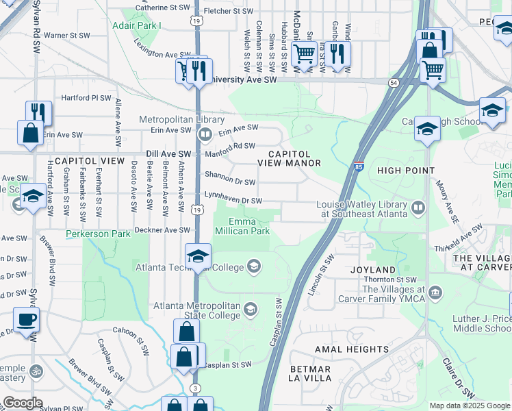 map of restaurants, bars, coffee shops, grocery stores, and more near 502 Lynnhaven Drive Southwest in Atlanta