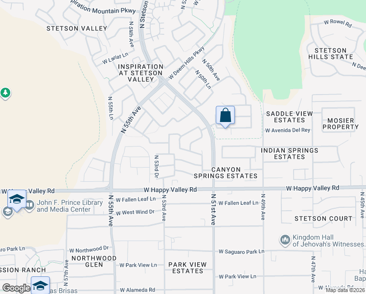 map of restaurants, bars, coffee shops, grocery stores, and more near 25308 North 52nd Avenue in Phoenix
