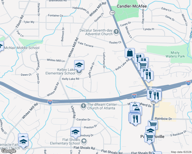 map of restaurants, bars, coffee shops, grocery stores, and more near 2645 Kelly Lake Road in Decatur