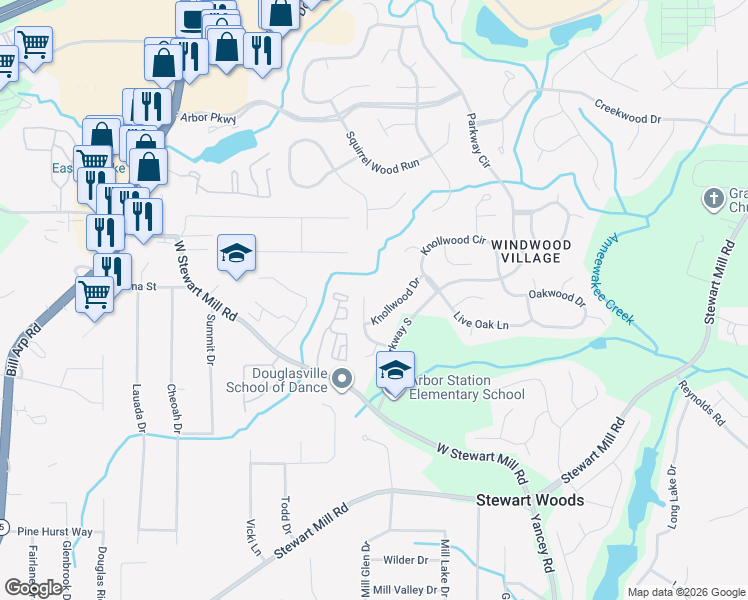 map of restaurants, bars, coffee shops, grocery stores, and more near 8994 Laurel Drive in Douglasville