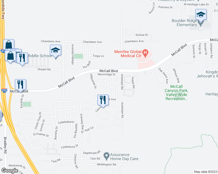 map of restaurants, bars, coffee shops, grocery stores, and more near 27855 Cactus Flower Drive in Menifee
