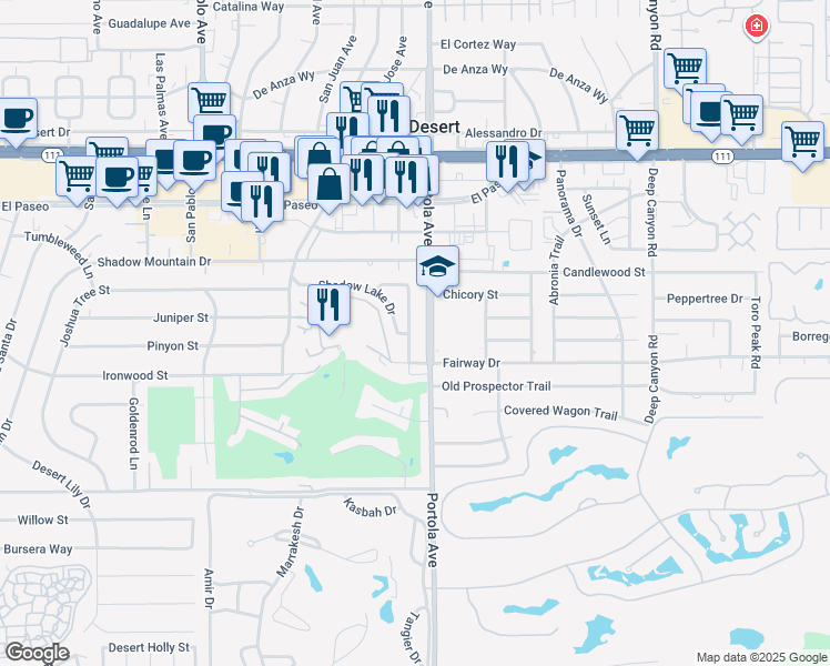map of restaurants, bars, coffee shops, grocery stores, and more near 45820 Mountain View Avenue in Palm Desert