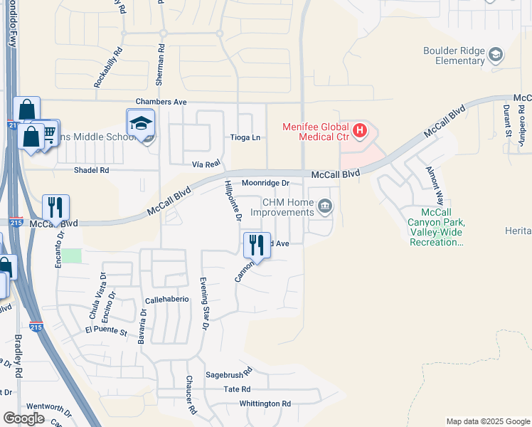 map of restaurants, bars, coffee shops, grocery stores, and more near 27808 Cannon Drive in Menifee