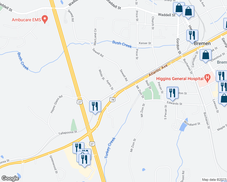 map of restaurants, bars, coffee shops, grocery stores, and more near 71 Ayers Street in Bremen