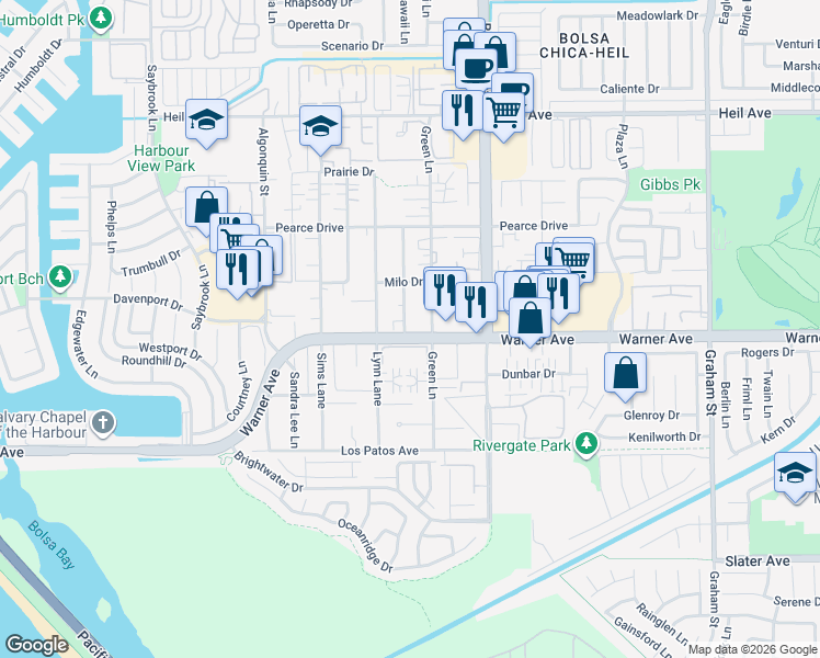 map of restaurants, bars, coffee shops, grocery stores, and more near 16972 Hoskins Lane in Huntington Beach