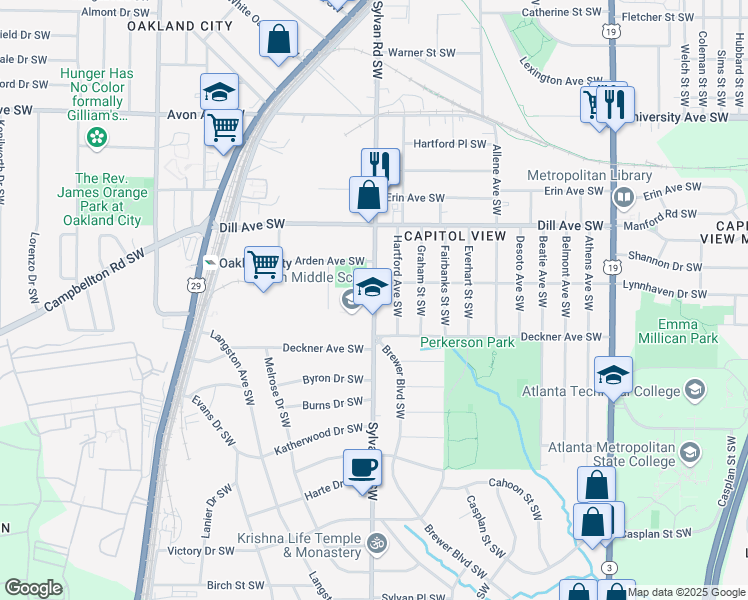 map of restaurants, bars, coffee shops, grocery stores, and more near 1461 Sylvan Road Southwest in Atlanta