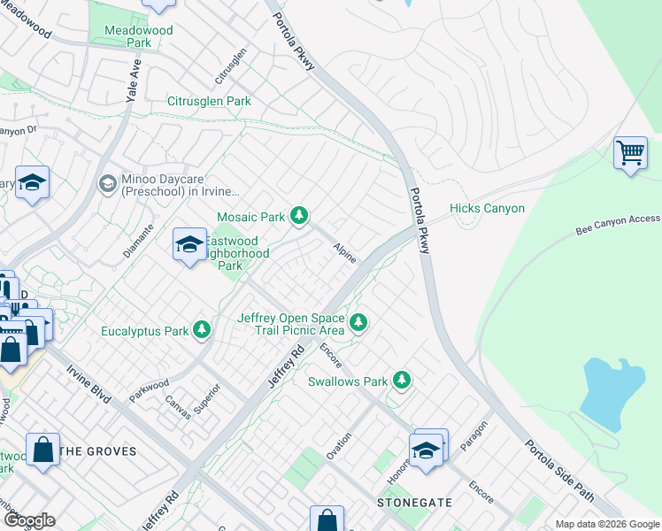 map of restaurants, bars, coffee shops, grocery stores, and more near 64 Runner in Irvine