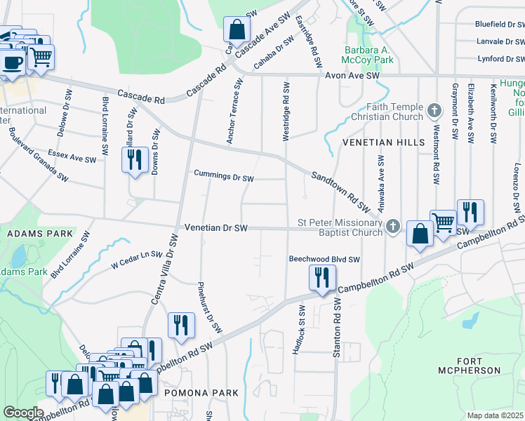 map of restaurants, bars, coffee shops, grocery stores, and more near 1848 Bayberry Drive Southwest in Atlanta