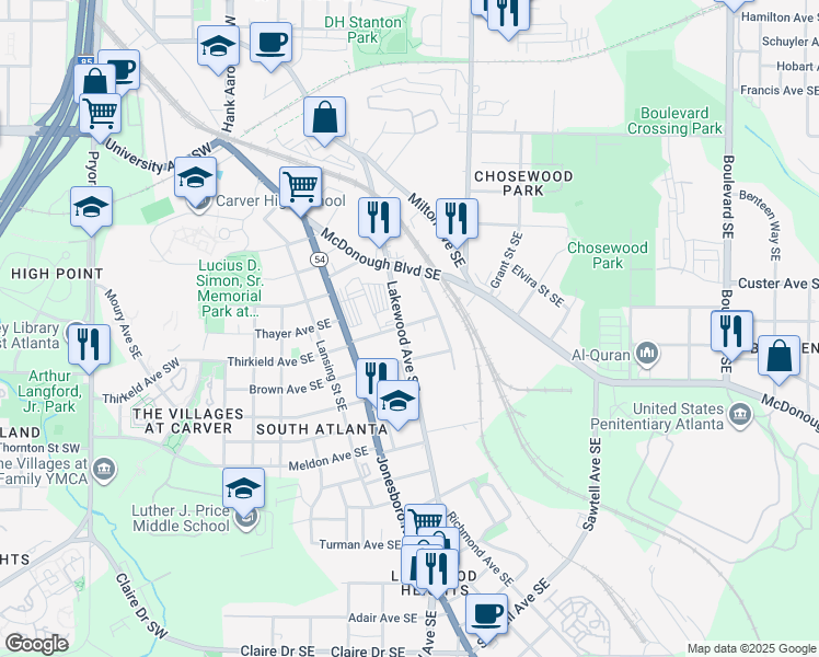 map of restaurants, bars, coffee shops, grocery stores, and more near 1426 Lakewood Avenue Southeast in Atlanta