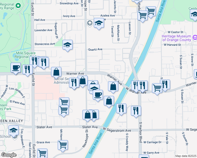 map of restaurants, bars, coffee shops, grocery stores, and more near 11620 Warner Avenue in Fountain Valley