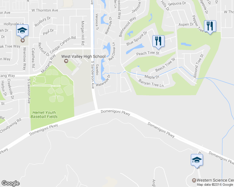 map of restaurants, bars, coffee shops, grocery stores, and more near 3001 Red Cedar Trail in Hemet