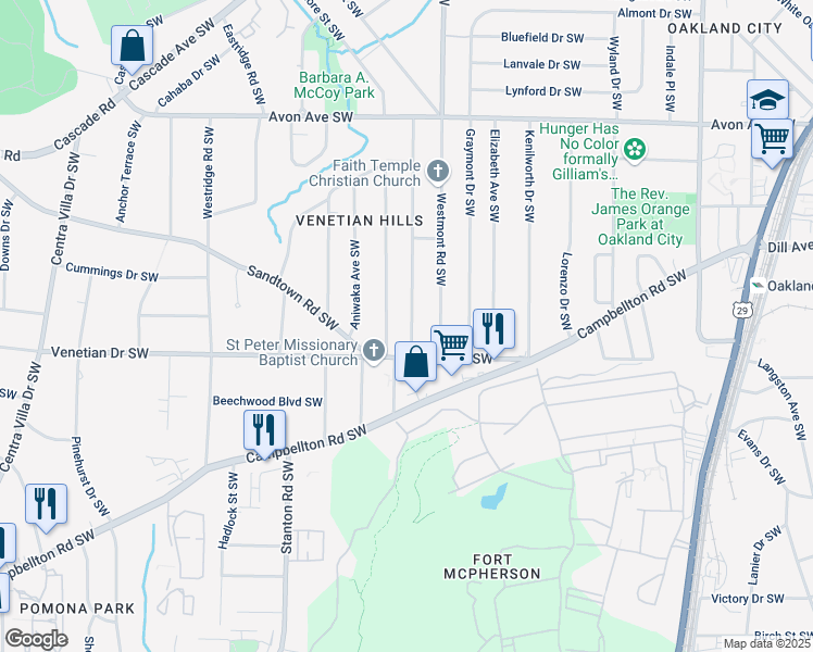 map of restaurants, bars, coffee shops, grocery stores, and more near 1453 Lockwood Drive Southwest in Atlanta