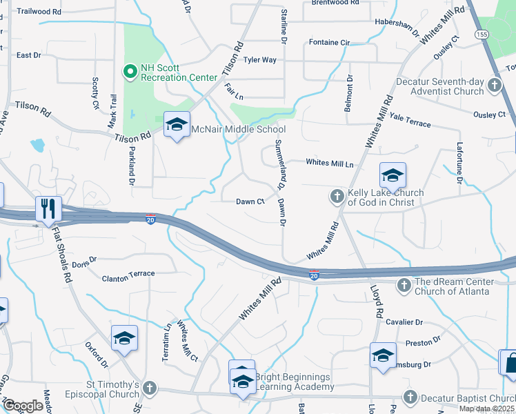 map of restaurants, bars, coffee shops, grocery stores, and more near 2385 Dawn Court in Decatur