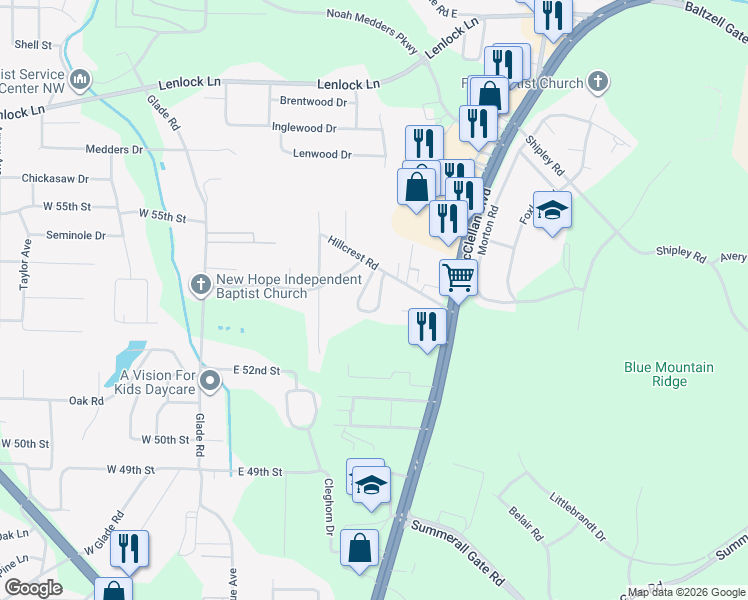 map of restaurants, bars, coffee shops, grocery stores, and more near 5361 Whisperwood Court in Anniston