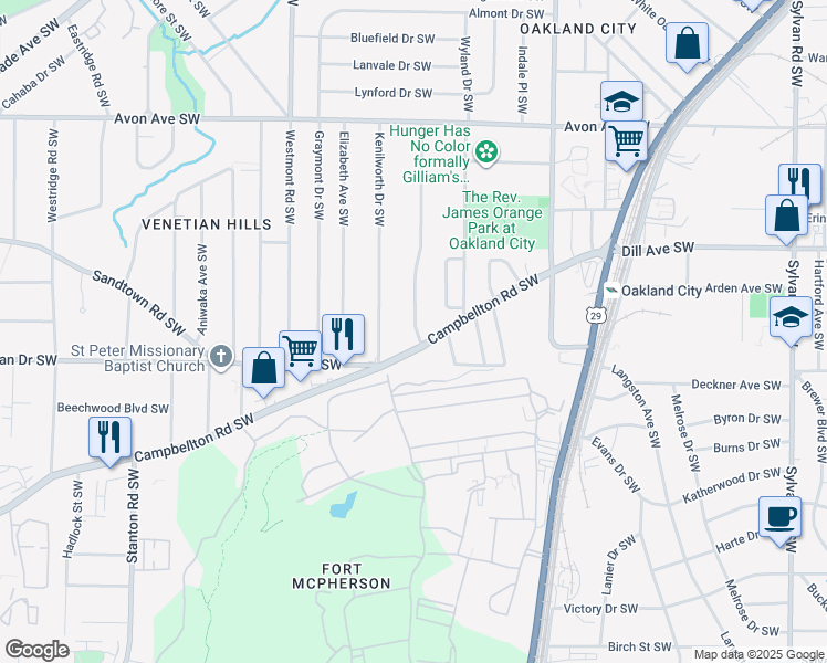 map of restaurants, bars, coffee shops, grocery stores, and more near 1437 Lorenzo Drive Southwest in Atlanta