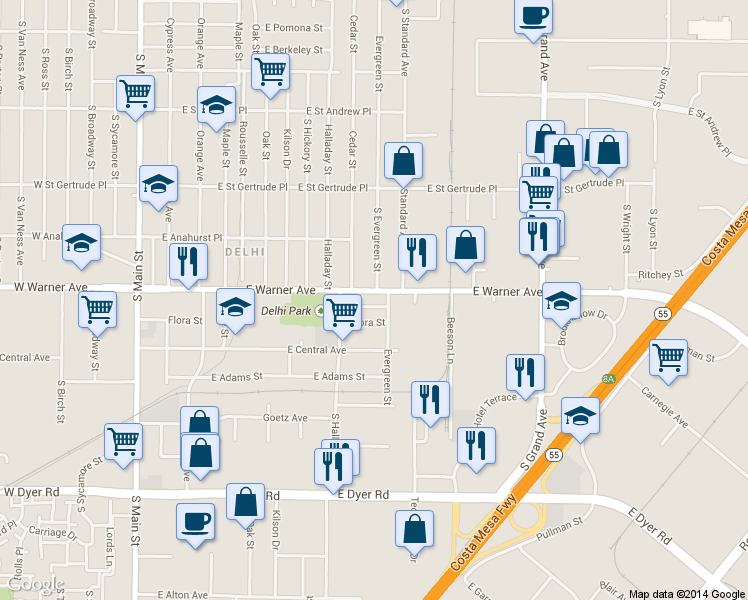 map of restaurants, bars, coffee shops, grocery stores, and more near 1020 E Warner Ave in Santa Ana