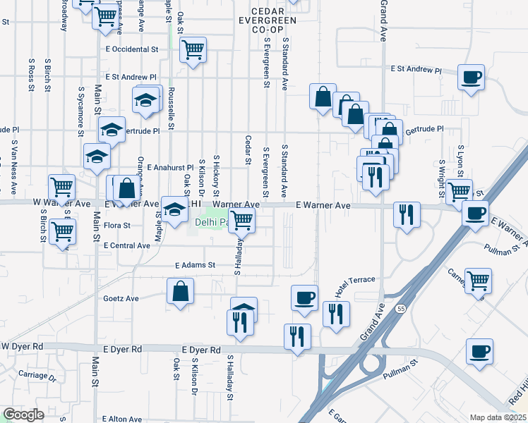 map of restaurants, bars, coffee shops, grocery stores, and more near 1020 East Warner Avenue in Santa Ana