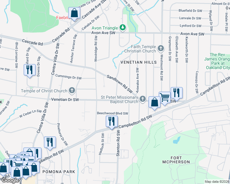 map of restaurants, bars, coffee shops, grocery stores, and more near 1465 Moray Street Southwest in Atlanta