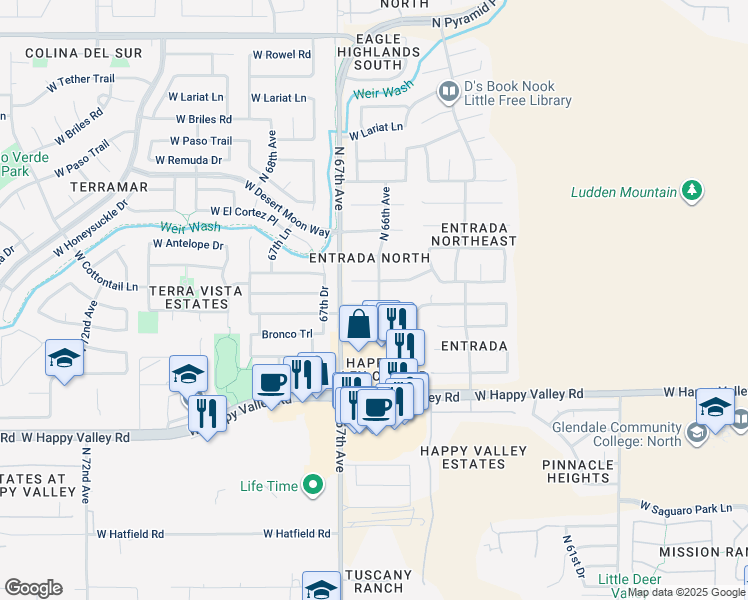 map of restaurants, bars, coffee shops, grocery stores, and more near 6606 West Saddlehorn Road in Phoenix