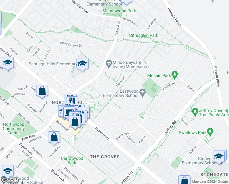 map of restaurants, bars, coffee shops, grocery stores, and more near 53 Diamante in Irvine