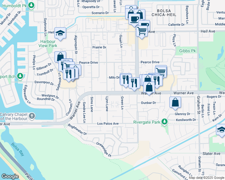 map of restaurants, bars, coffee shops, grocery stores, and more near 16982 Lynn Lane in Huntington Beach