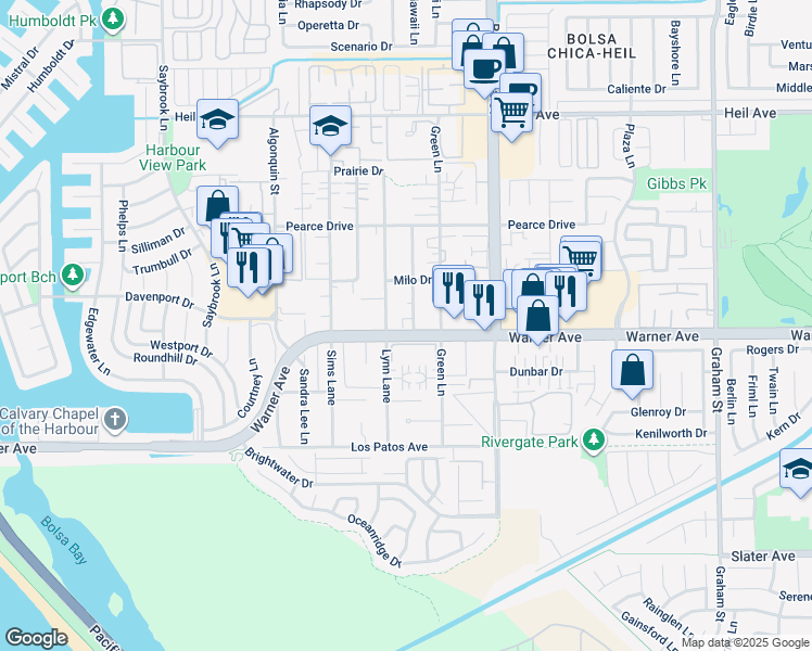 map of restaurants, bars, coffee shops, grocery stores, and more near 16971 Hoskins Lane in Huntington Beach
