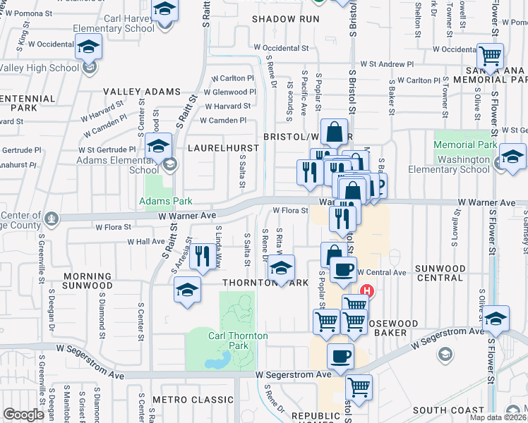 map of restaurants, bars, coffee shops, grocery stores, and more near 2306 South Rene Drive in Santa Ana
