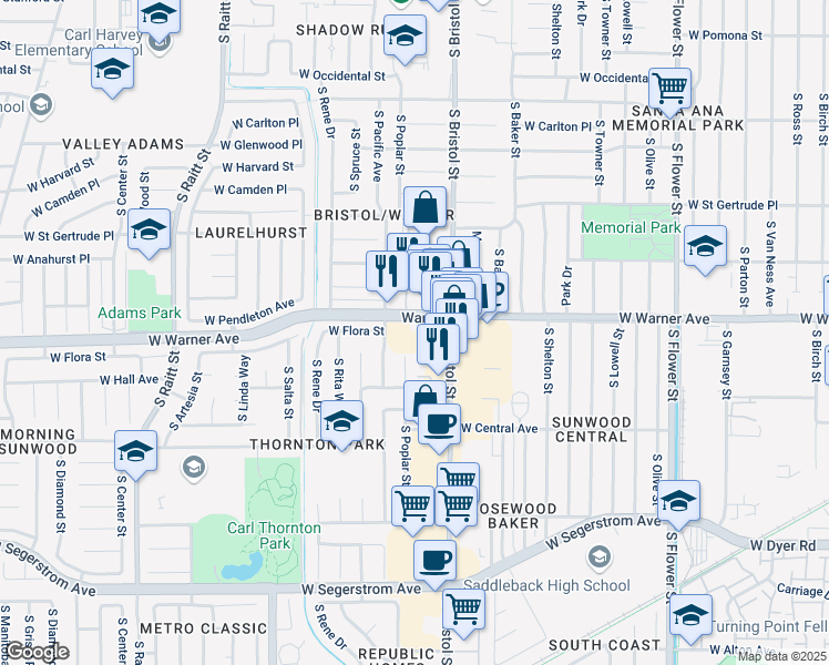 map of restaurants, bars, coffee shops, grocery stores, and more near 1400 West Warner Avenue in Santa Ana