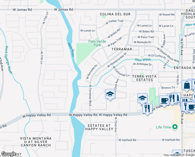 map of restaurants, bars, coffee shops, grocery stores, and more near 25414 North 73rd Avenue in Peoria