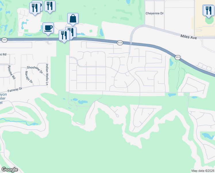 map of restaurants, bars, coffee shops, grocery stores, and more near 77047 Neville Drive in Indian Wells