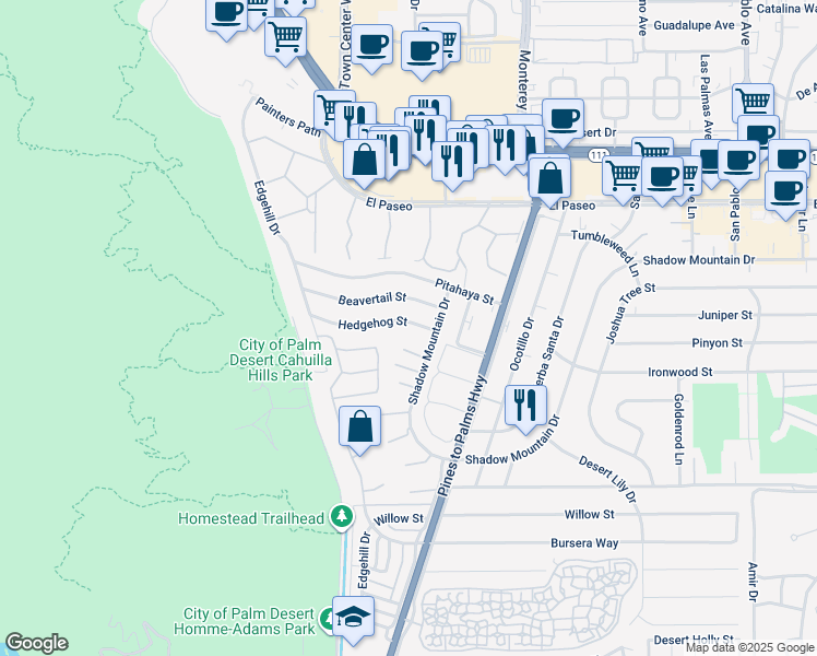 map of restaurants, bars, coffee shops, grocery stores, and more near 72759 Hedgehog Street in Palm Desert