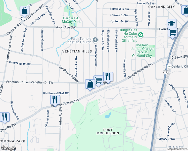 map of restaurants, bars, coffee shops, grocery stores, and more near 1441 Westmont Road Southwest in Atlanta