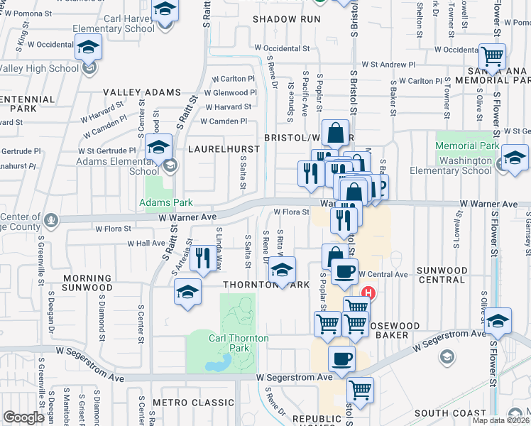 map of restaurants, bars, coffee shops, grocery stores, and more near 2306 South Rene Drive in Santa Ana