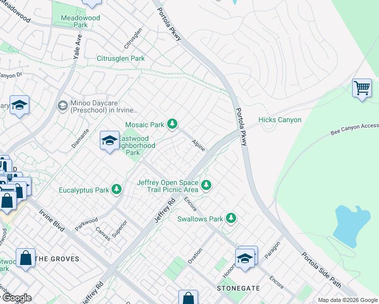 map of restaurants, bars, coffee shops, grocery stores, and more near 64 Runner in Irvine