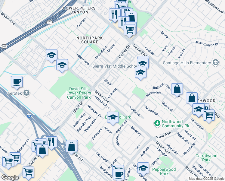 map of restaurants, bars, coffee shops, grocery stores, and more near 15 Colonial in Irvine