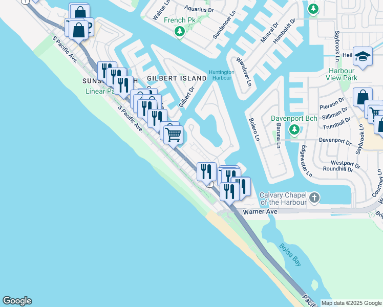 map of restaurants, bars, coffee shops, grocery stores, and more near 16932 Pacific Coast Highway in Huntington Beach
