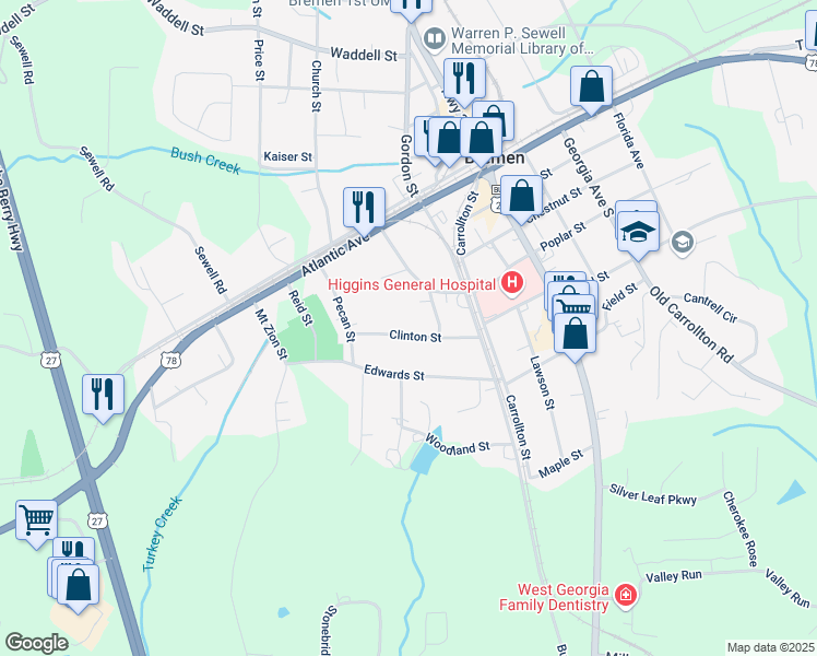 map of restaurants, bars, coffee shops, grocery stores, and more near 205 Clinton Street in Bremen